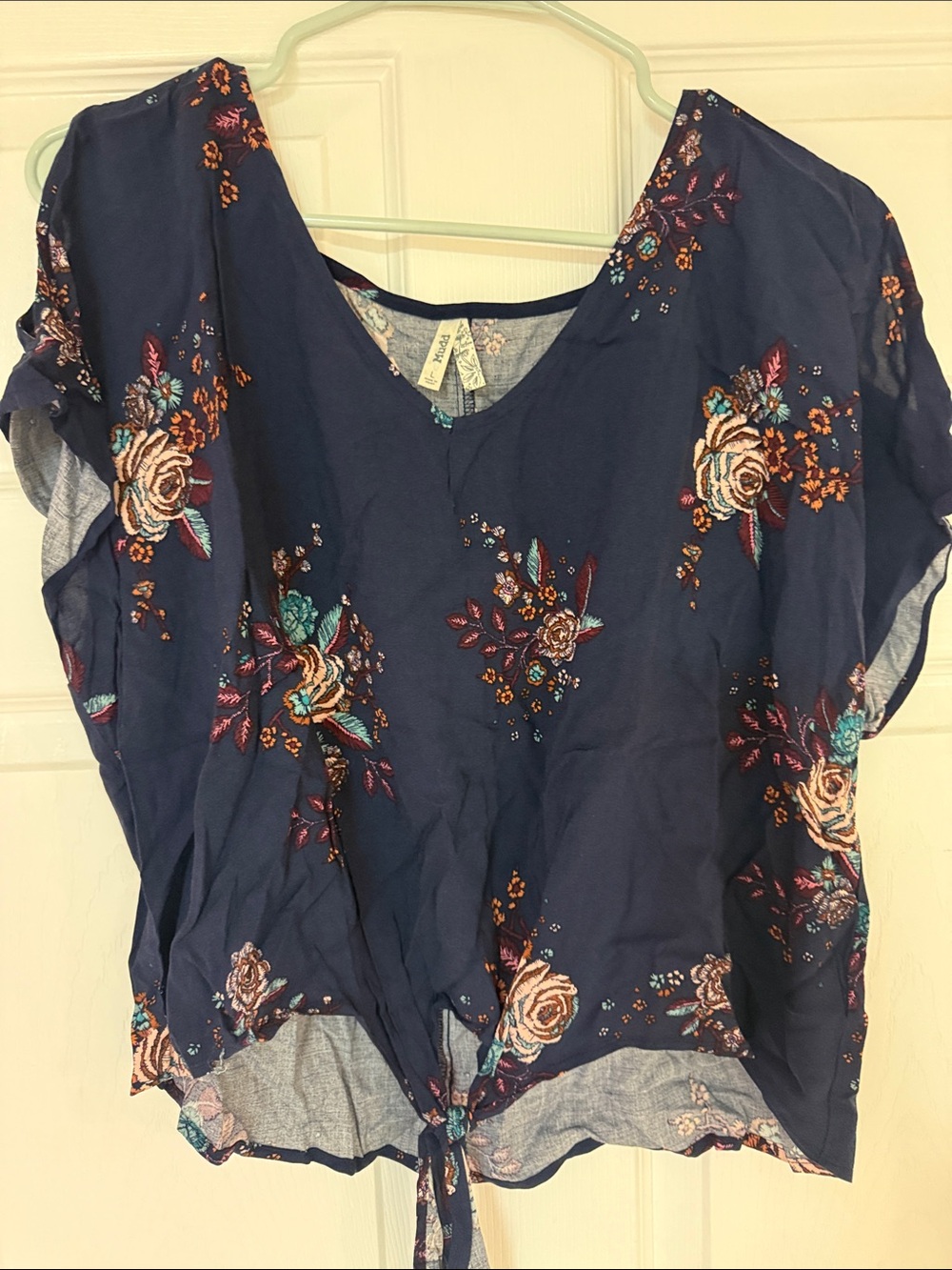 Mudd Navy Floral Tie-Hem Blouse